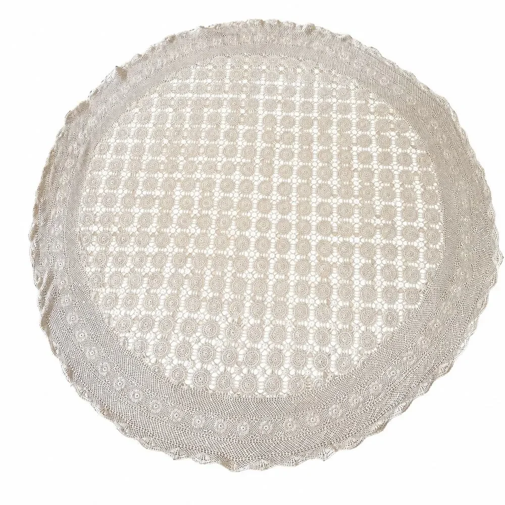 Crocheted Open Work Medallion Oval Round Tablecloth Ivory 60x66